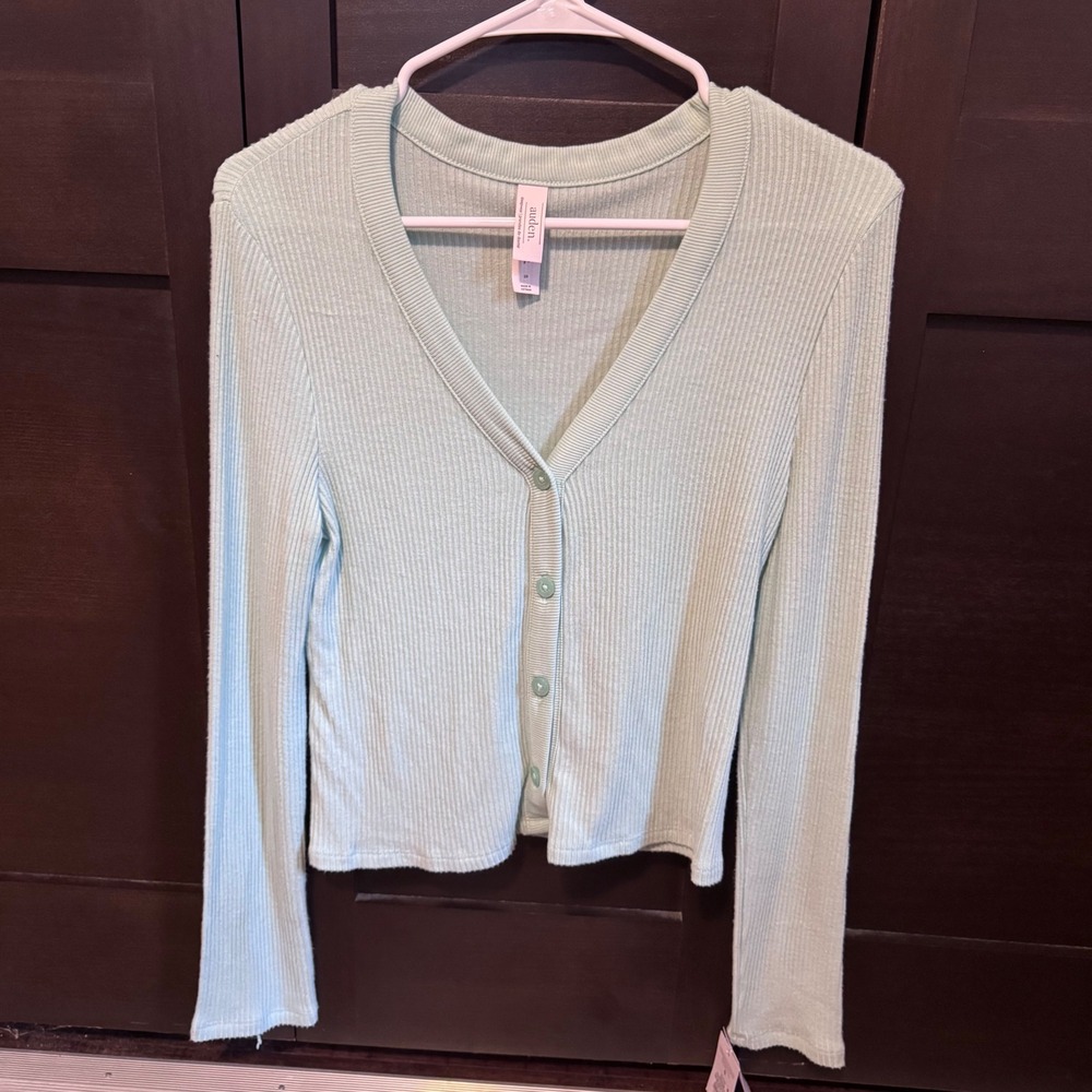 Auden Womens Mint Green Ribbed V-Neck Button Pajama Top Size Small NWT